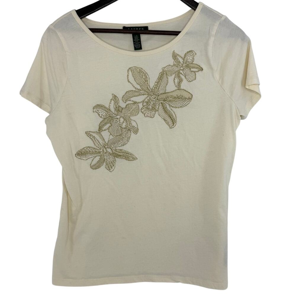 Lauren Ralph Lauren Embroidered Beaded Top L